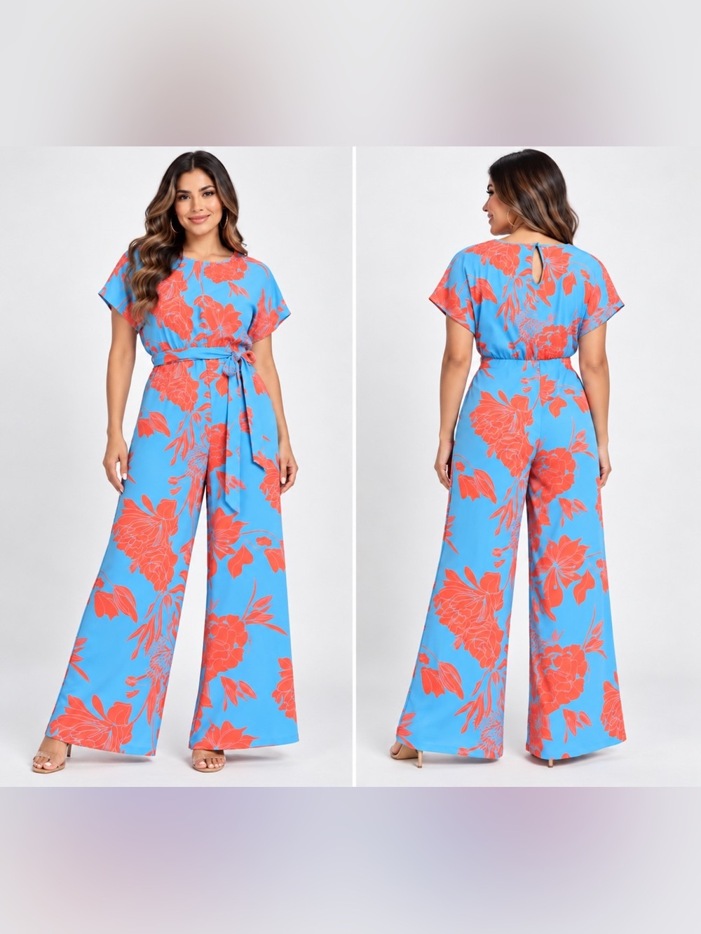 Blue Orange tropical floral jumpsuit short batwing sleeve wide legs XL tie waist